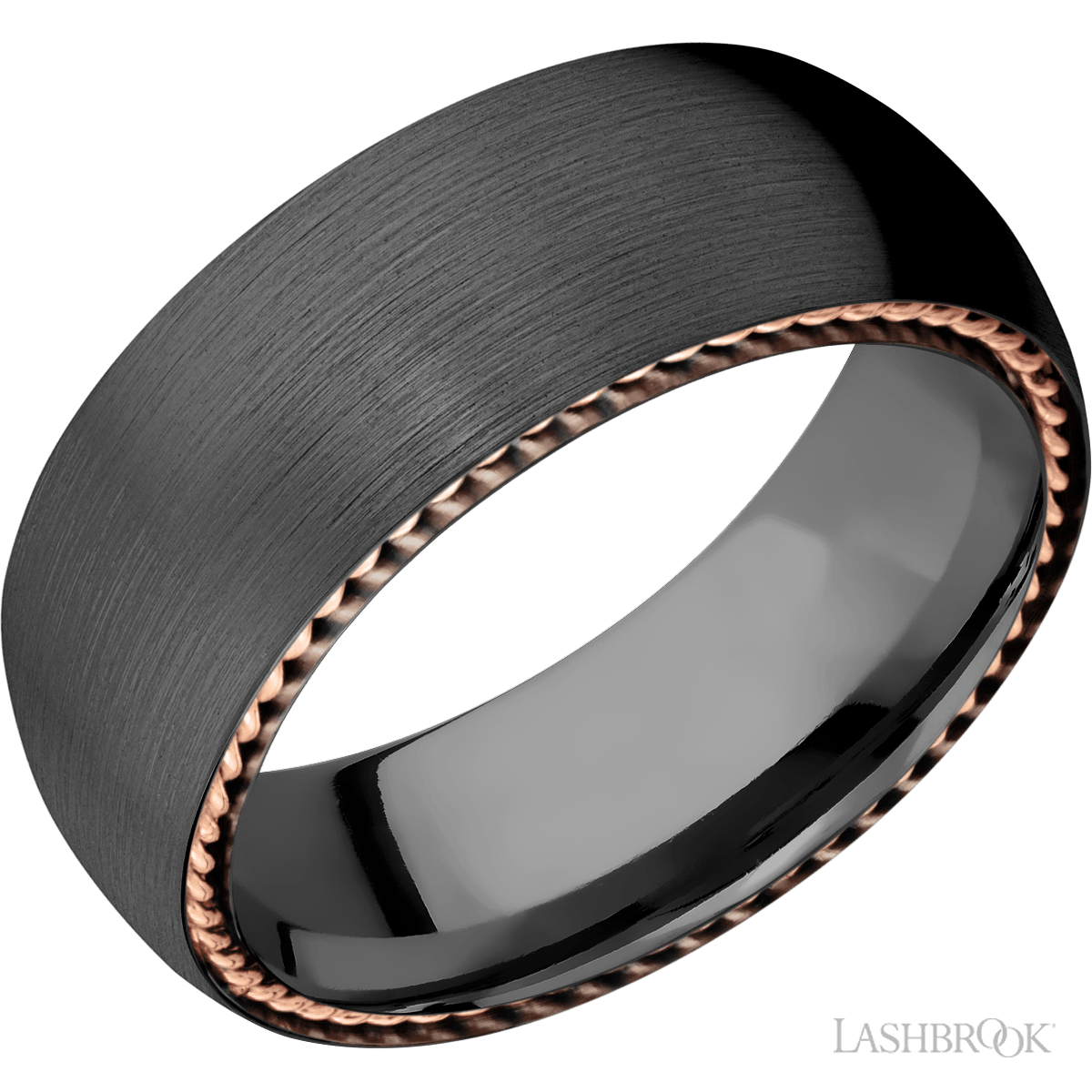 Zirconium 8mm Band With 14k Rose Gold Side Braid