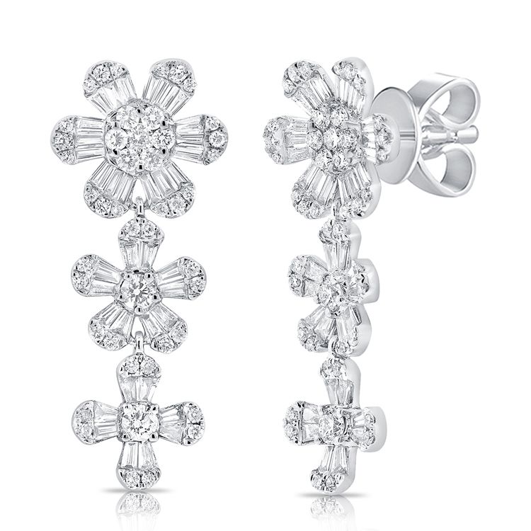 Long Triple Diamond Flower Drop Earring