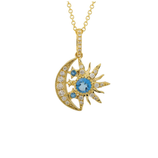 Moon and Star Necklace with Diamonds and London Blue Topaz