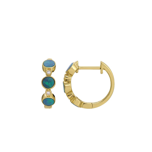 Blue Opal and Diamond Huggie Hoop Earrings