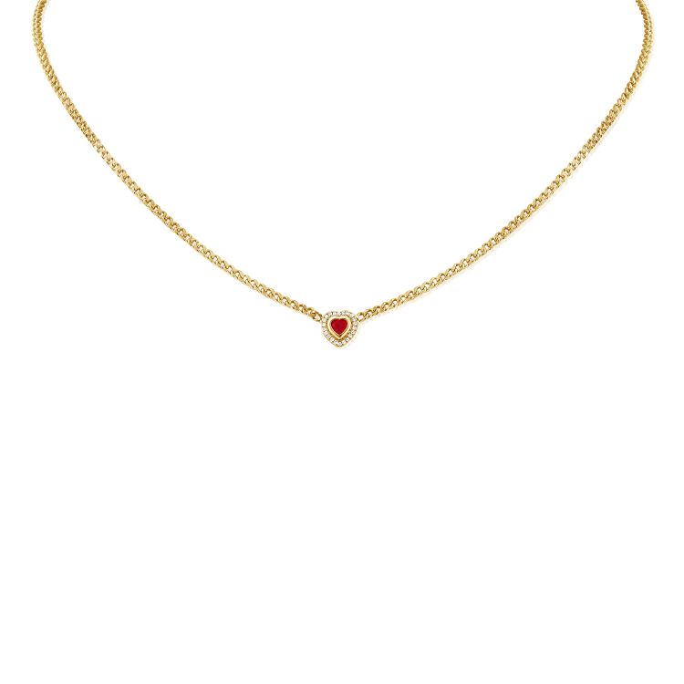 Curb Chain Necklace with Bezel Set Heart Shaped Ruby