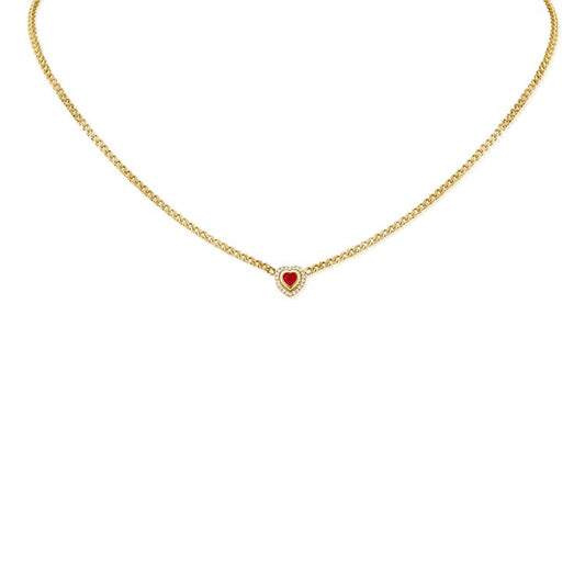 Curb Chain Necklace with Bezel Set Heart Shaped Ruby