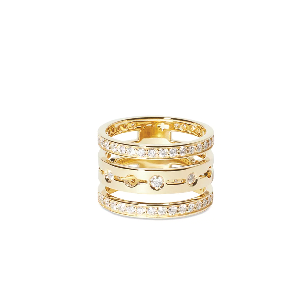 Gold Pulse Pave Diamond Three Row Ring