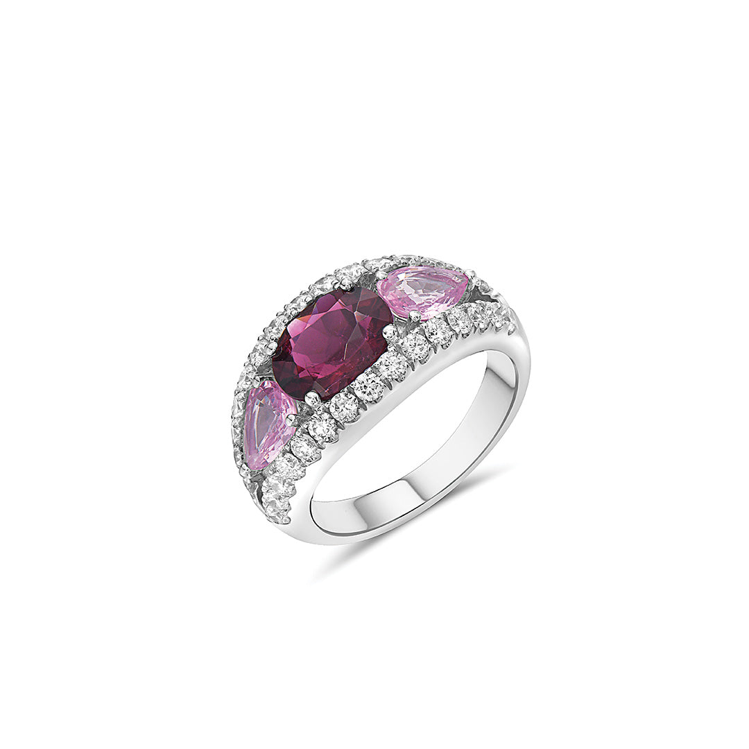 3 Stone Ring with Oval Rubelle, Diamonds and Pear Shape Pink Sapphires