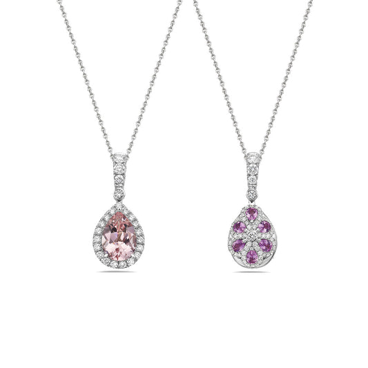 Reversible Pendant with Morganite and Diamond Halo and Pink Sapphires with Round Diamonds