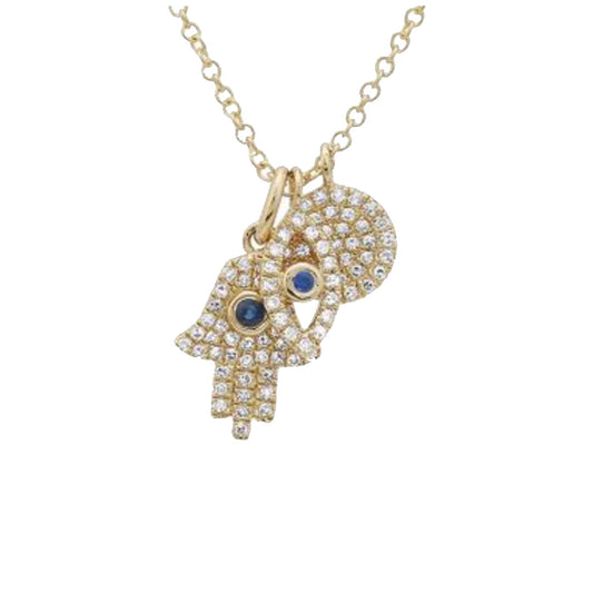 Hamsa, Evil Eye and Circle 3 Charm Pave Diamond Necklace with Sapphires