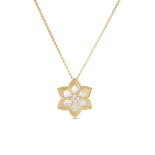 Vernazza Mother of Pearl & Diamond Flower Pendant Necklace