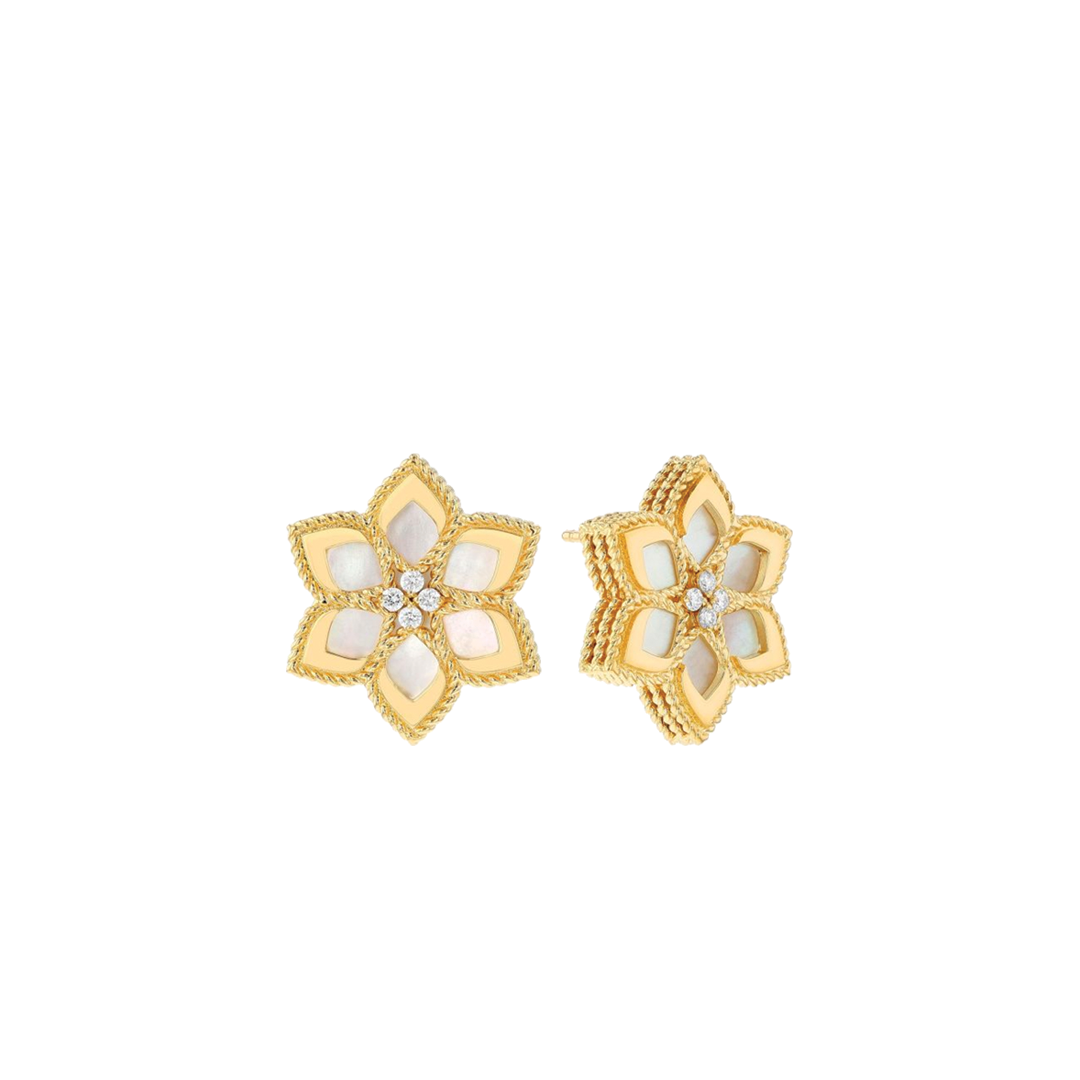 Vernazza Diamond & Mother of Pearl Flower Stud Earrings in Yellow Gold