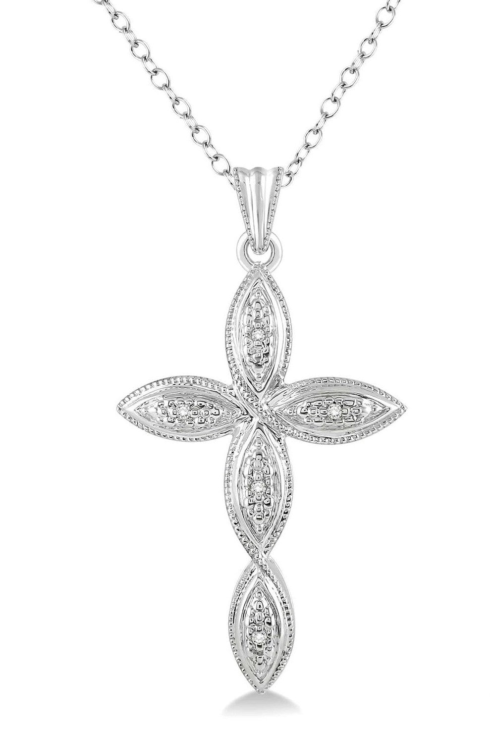 Milgrain Cross With Diamonds Necklace In  Sterling Silver