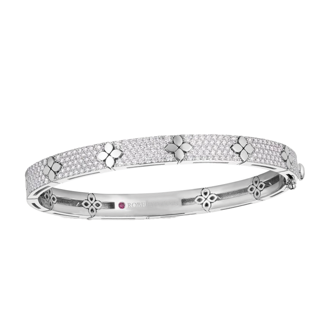 'Love in Verona' Pave Diamond and Polished Flower Bangle in White Gold