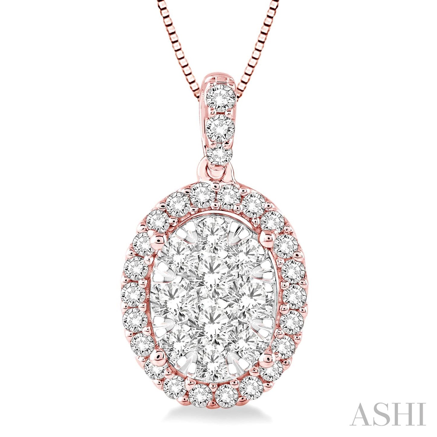 Oval Shaped Diamond Cluster Necklace in Rose Gold