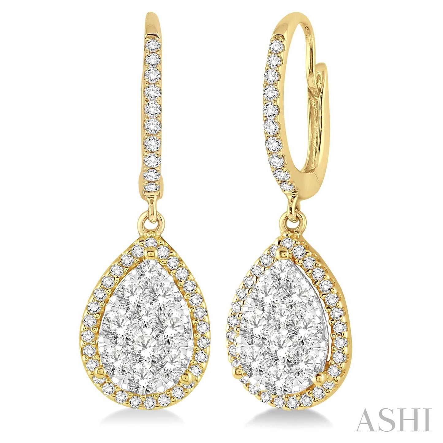 Pear Shape Diamond Cluster Drop Earrings in Yellow Gold