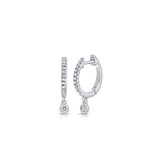 Diamond Huggie Hoop Earrings with Bezel Diamond Dangle