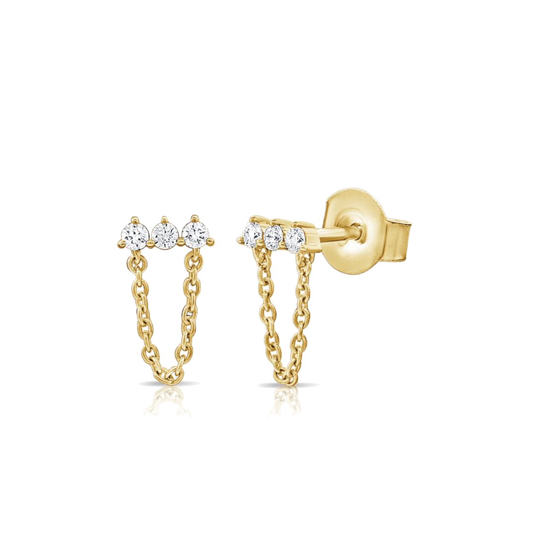 Three Diamond Bar Post Earrings with Drop Chain