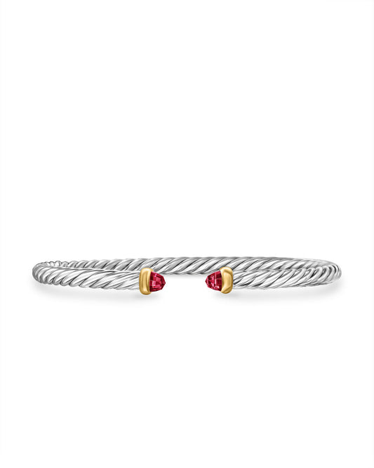 Cable Flex Bracelet in Sterling Silver with 14K Yellow Gold and Rhodolite Garnet, 4mm