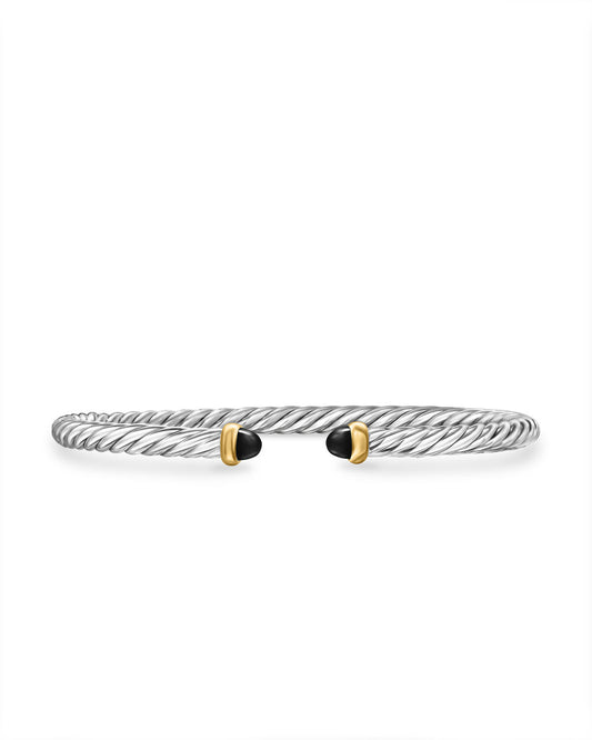 Cable Flex Bracelet in Sterling Silver with 14K Yellow Gold and Black Onyx, 4mm