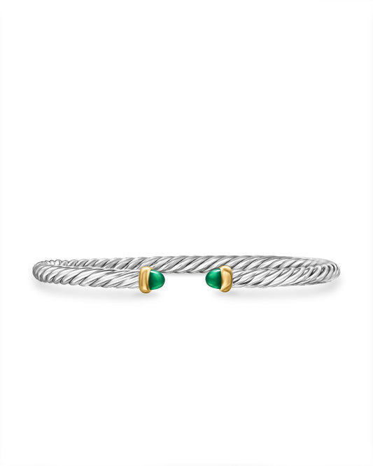 Cable Flex Bracelet in Sterling Silver with 14K Yellow Gold and Green Onyx, 4mm