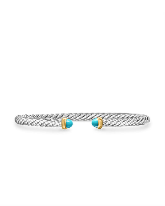 Cable Flex Bracelet in Sterling Silver with 14K Yellow Gold and Turquoise, 4mm DESCRIPTION