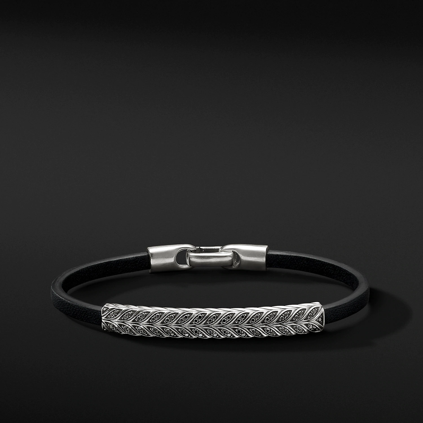 Chevron Black Leather ID Bracelet with Pavé Black Diamonds