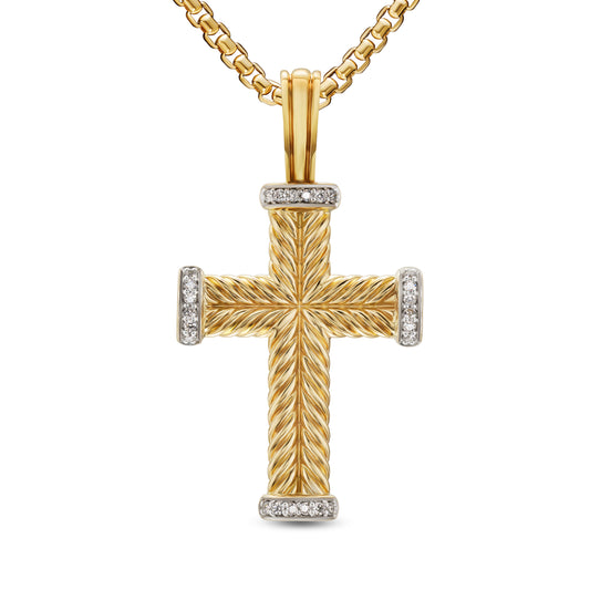 Chevron Cross Pendant in 18K Yellow Gold with Diamonds, 32.6mm