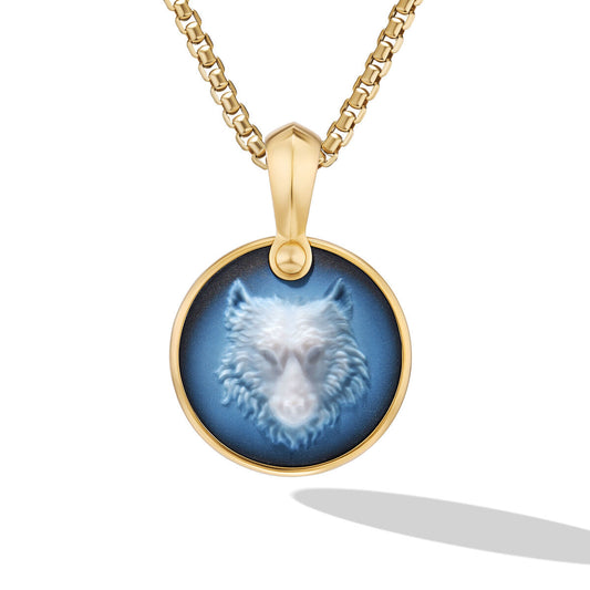 Petrvs® Wolf Amulet in 18K Yellow Gold with Banded Agate, 30.6mm