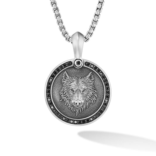 Petrvs® Wolf Amulet in Sterling Silver with Black Diamonds, 30.3mm