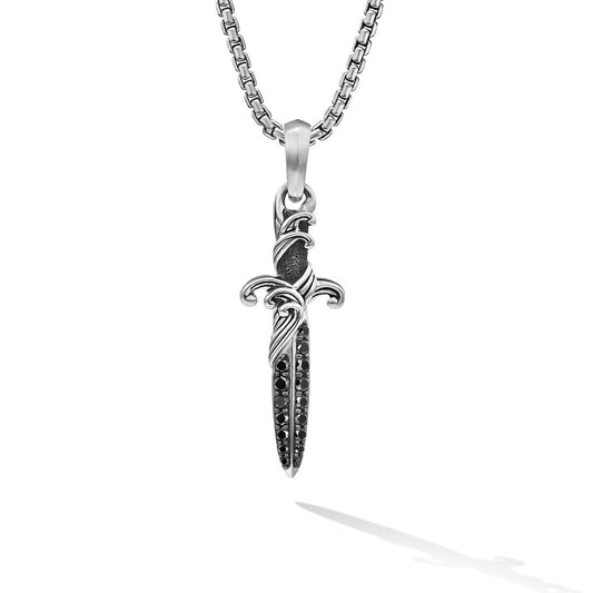 Waves Dagger Amulet in Sterling Silver with Black Diamonds, 31mm