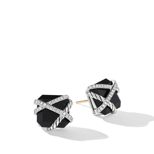 Cable Wrap Stud Earrings in Sterling Silver with Black Onyx and Diamonds, 12mm