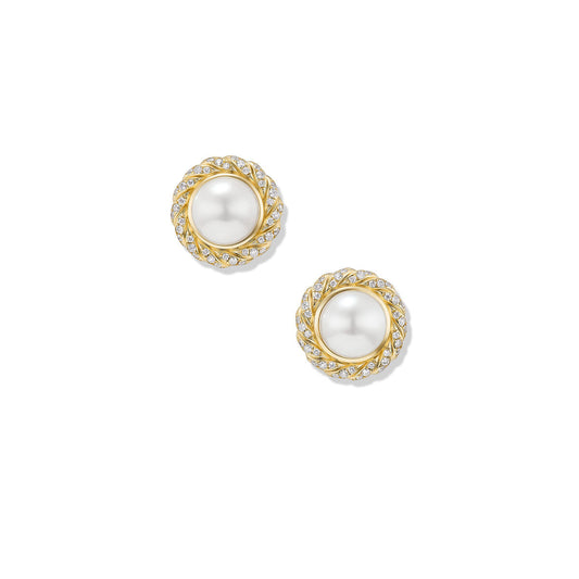 Pearl Classics Cable Halo Button Earrings in 18K Yellow Gold with Diamonds, 13mm