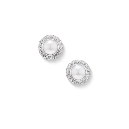 Pearl Classics Cable Halo Button Earrings in Sterling Silver with Diamonds, 13mm