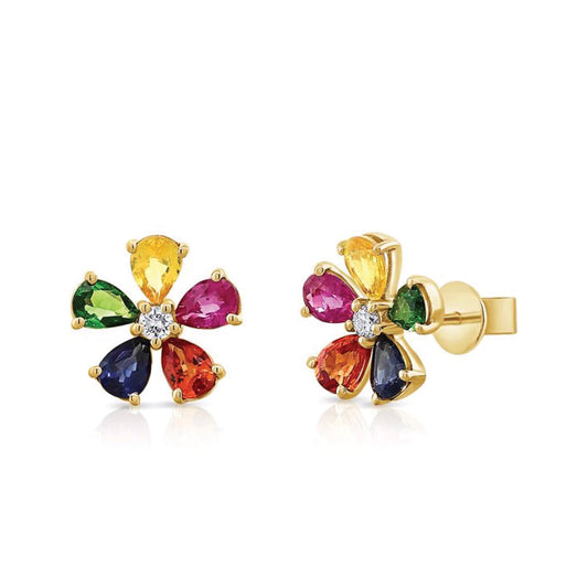 Flower Stud Earrings with Sapphire, Diamond, Green Garnet and Pink Ruby