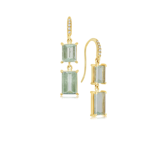 2 Stone Earrings with Emerald Cut Aquamarine and Diamonds