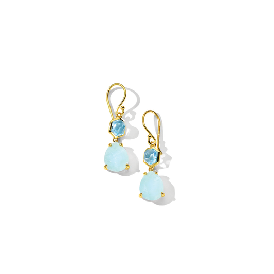 Small 'Snowman' Earrings in Swiss Blue Topaz and Rock Crystal