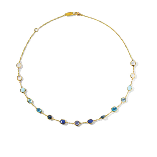 15-Stone Station Chain Necklace with Lapis Lazuli, Blue Topaz, Mother of Pearl and Rock Crystal