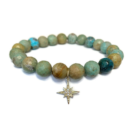 Faceted MAtrix Turquoise Round Bead Stretch Bracelet with Pave Starburst Charm