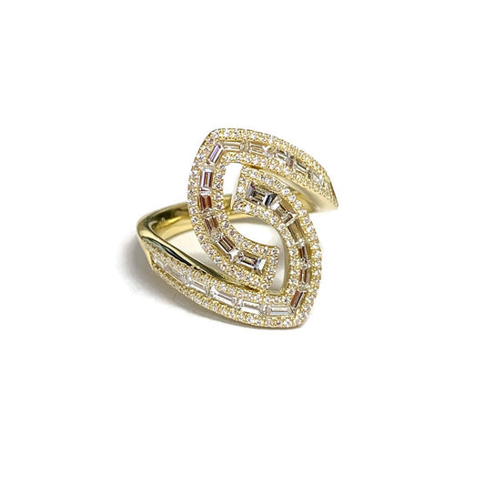 Interlocked Bypass Ring with Baguette and Round Diamonds