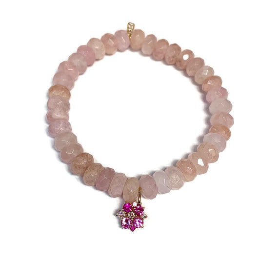 Faceted Morganite Rondelle Stretch Bracelet with Pink Sapphire and Diamond Charm