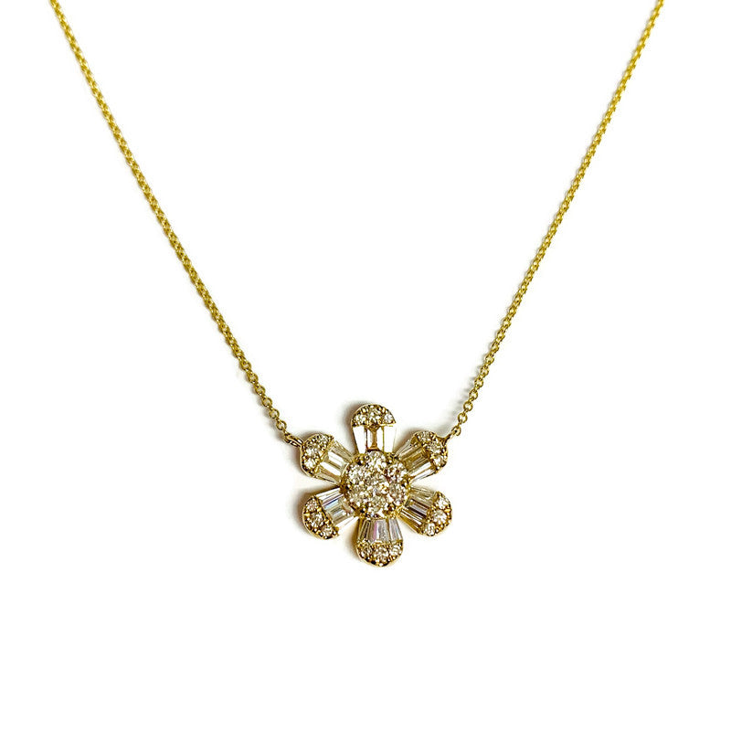 Diamond Flower Pendant Necklace in Yellow Gold