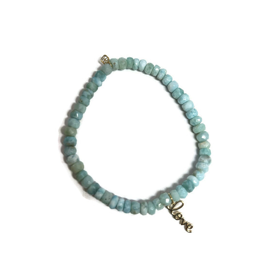 Faceted Larimar Stretch Bracelet with Pure Love Script Charm