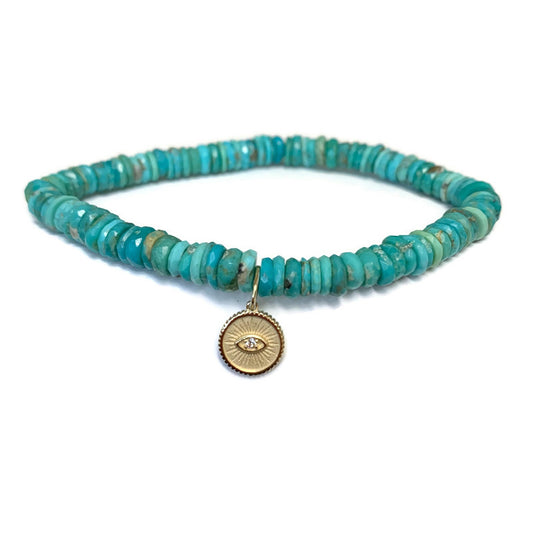 Arizona Turquoise Wheel Bead Stretch Bracelet with Diamond Evil Eye Charm