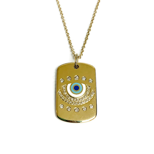 Tag Pendant Necklace with Enamel Evil Eye and Diamond Pave