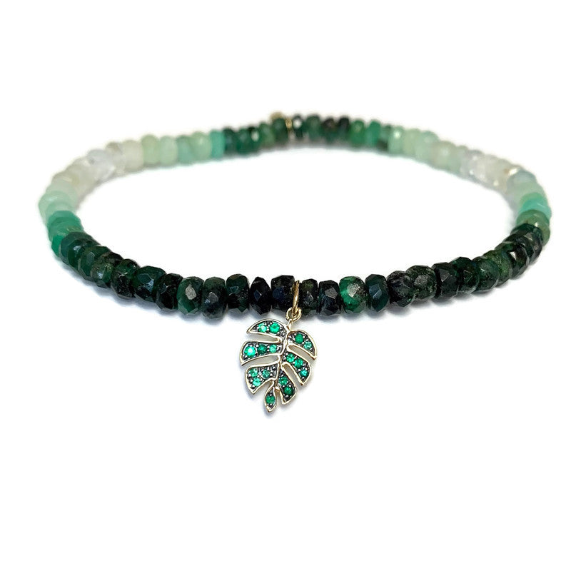 Faceted Ombre Shaped Emerald Rondelle Stretch Bracelet with Monstera Leaf Charm