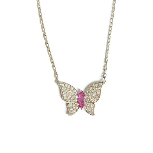 Cable Chain Necklace with Pave Diamond Butterfly and Pink Sapphire