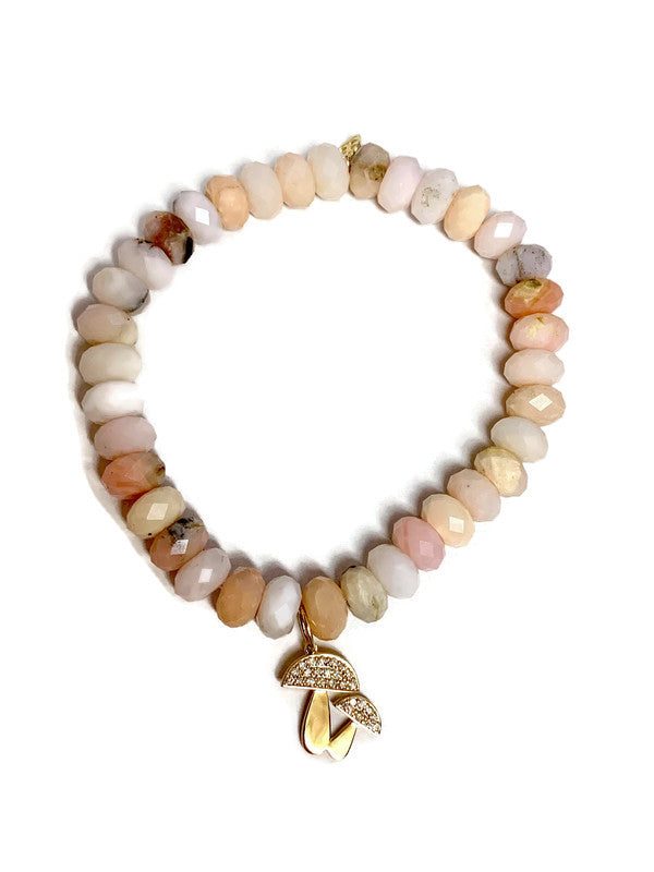 Faceted Pink Opal Rondelle Stretch Bracelet with Pave Diamond Mushroom Charm