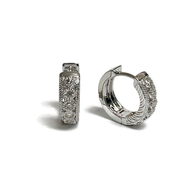 Huggie Hoops with Round Bezel Set Diamonds and Milgrain