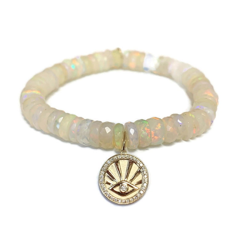 Faceted Ethiopian Opal Rondelle Stretch Bracelet with Round Evil Eye Charm