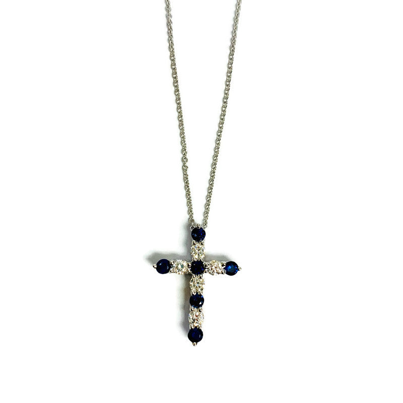 Diamond Cross Necklace with Blue Sapphires