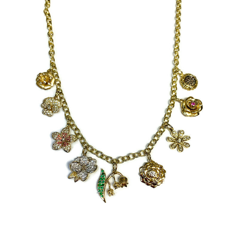 Cable Chain Necklace with Floral Charms with Pave Diamonds, Pink and Orange Sapphire and Emerald