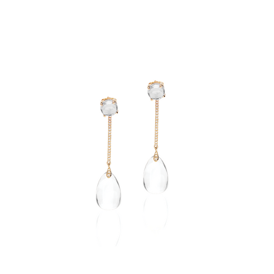 Long Drop Earrings with Moon Quartz Cabochon and Diamonds