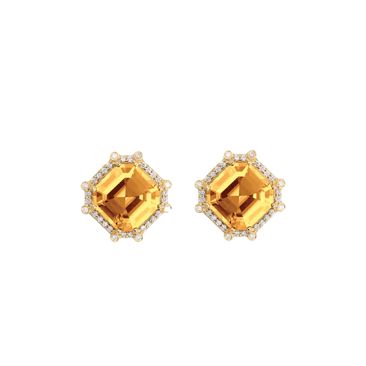 Asscher Cut Stud Earrings with Citrine and Diamonds